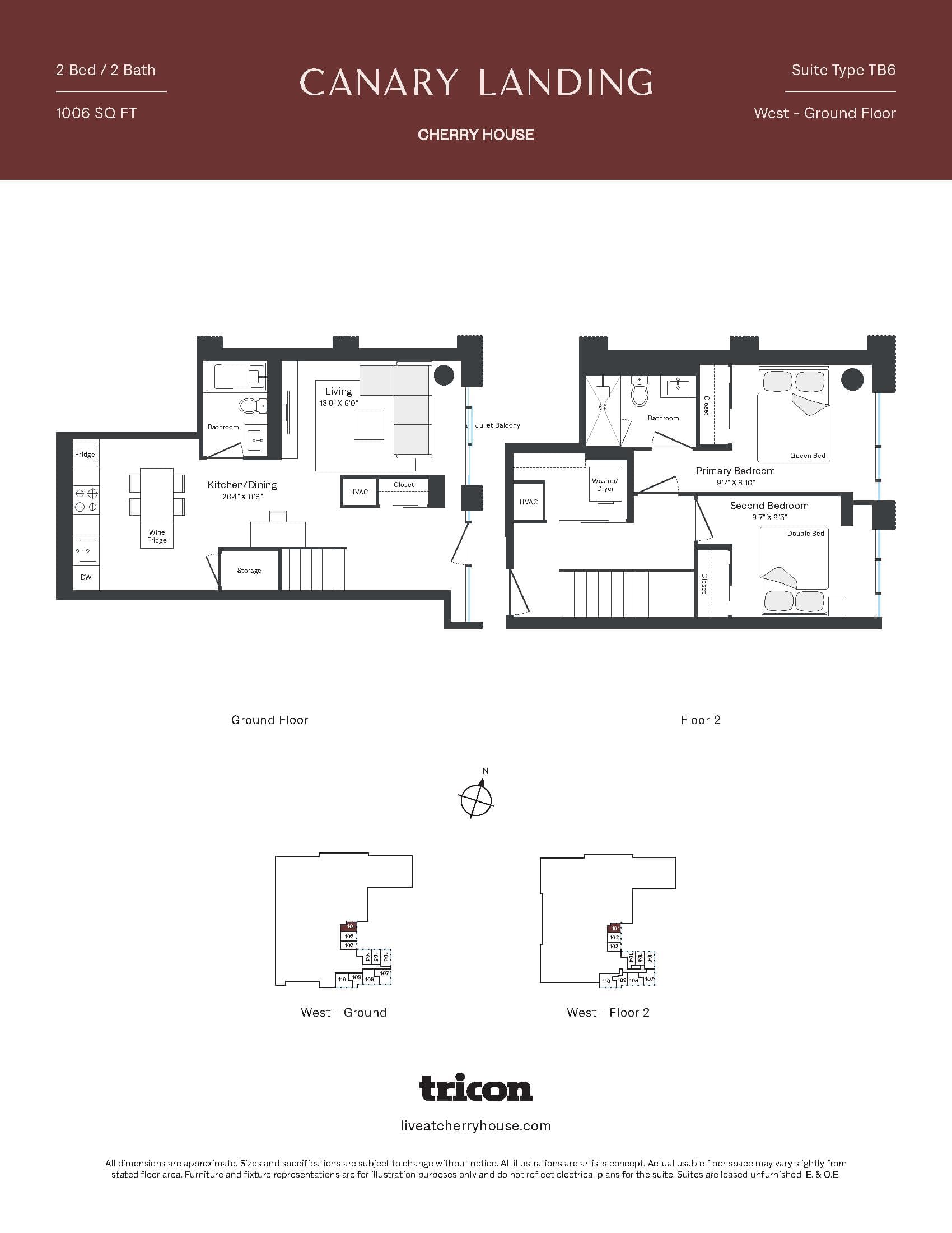 Type TB6 Floor Plan at Cherry House at Canary Landing - 1006 sq.ft