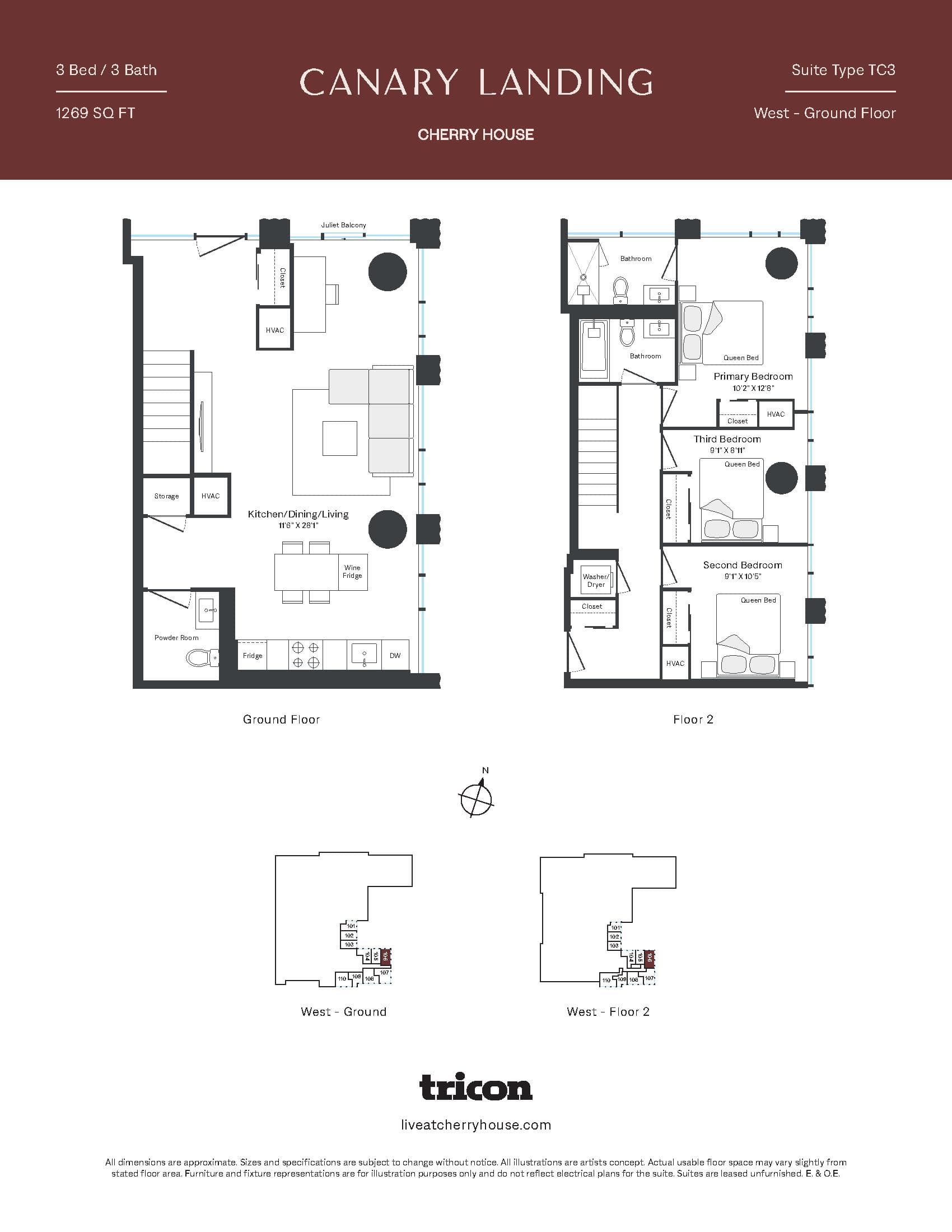 Type TC3 Floor Plan at Cherry House at Canary Landing - 1269 sq.ft